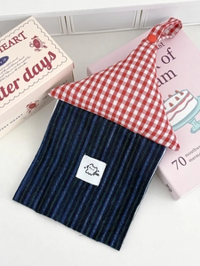 House-shaped red checkered hanging tissue box cover with a cute cat patch design