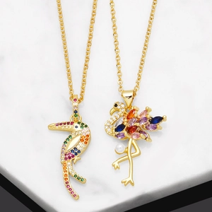 Colorful Zircon Animal Bird Pendant Necklace Copper Gold Plated Flamingo Toucan Parrot Jewelry Gift Women Fashion