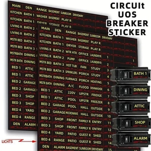 Close-up of printed circuit breaker labels for kitchen, bathroom, and bedroom identifying