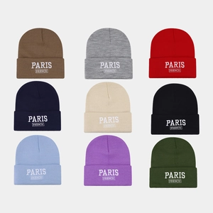 Beanie Hat Knitted Cap Paris French Embroidery Warm Winter Ribbed Cuffed Streetwear For Women Men Casual