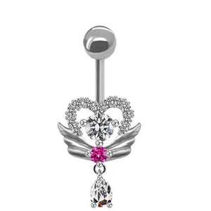 Macro detail of silver heart wing navel ring with pink zircon and teardrop pendant