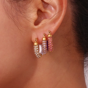 U-shaped gold-plated stainless steel hoop earrings with colorful pavé rhinestones
