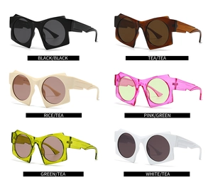 Selection of trendy thick geometric polygon sunglasses with round lenses in six colors