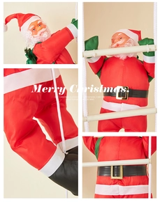Detail view of Santa Claus climbing a white ladder with festive red and green textile outfits