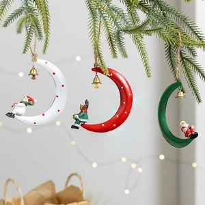 Christmas Moon Hanging Ornaments With Iron Bell Resin Santa Reindeer Snowman Figurines Festive Xmas Tree Decoration