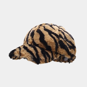 Close-up of the fluffy faux fur texture and brown tiger stripes on a winter baseball cap