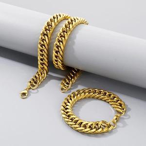 Ensemble collier et bracelet gourmette en acier inoxydable doré avec fermoir mousqueton