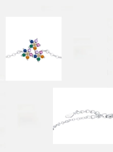 Detail view of S925 sterling silver stamp and colorful zircon floral charms on the bracelet