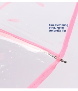 Close-up of pink fabric edge binding and silver metal umbrella tips on clear PVC umbrella