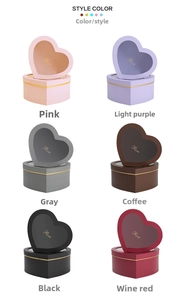Detail showing various colors of heart-shaped double-layer flower gift boxes with Rose text