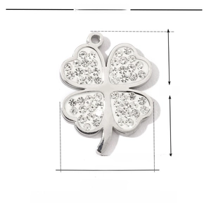 Silver four-leaf clover pendant in stainless steel with white rhinestones and size details
