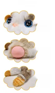 Detailed views of embroidered eyes, soft pink paw pads, and a striped fluffy cat tail