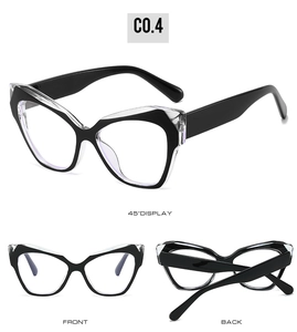 Three-angle view of cat-eye glasses frame in black and clear contrast design
