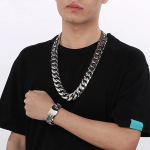 Polished silver 24mm cuban link chain necklace and bracelet set for men hiphop style