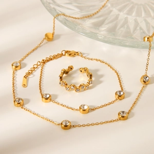18K gold plated stainless steel jewelry set with necklace bracelet and ring with zircons