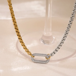 Luxury 18k gold plated U-link mixed metal chain necklace with micro-paved zircon clasp