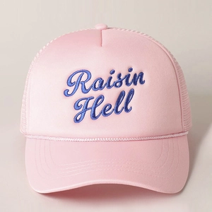 Pink foam trucker hat with blue Raisin Hell embroidery and mesh back for outdoor use