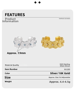 Detail view showing dimensions and S925 sterling silver stamp on wavy textured ring
