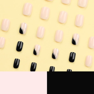 Short square press-on nails in pink and black glossy finish with silver glitter accent