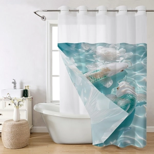 Detail view of realistic 3D koi fish and lotus print on a high-quality shower curtain