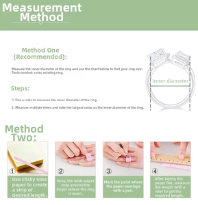 Detailed size guide showing how to measure ring diameter and finger circumference