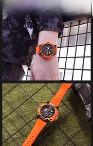 Détails de la montre chronographe MEGIR avec bracelet orange et cadran noir au poignet