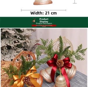 Close-up of 21cm Christmas bells with glitter finish, pine cones, and festive ribbons