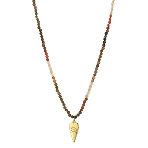 Detailed macro view of colorful tourmaline beads and golden evil eye heart pendant