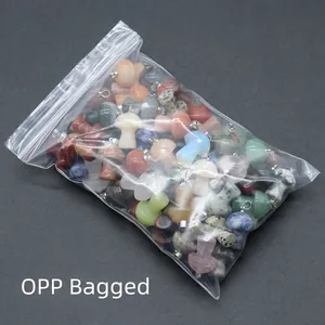 Mix of colorful mini crystal mushroom pendants with metal loops in an OPP bag