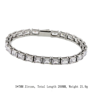Polished stainless steel tennis bracelet with 5x7mm rectangular cubic zirconia stones