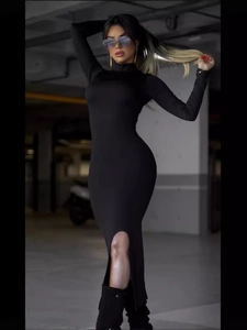 Elegant black slim fit high neck long sleeve dress with high side slit for women