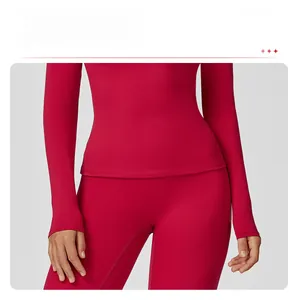 Detailed view of dark red compression yoga set showing the tummy control and slim fit waist