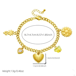 Gold plated stainless steel charm bracelet with daisy, heart and butterfly pendants
