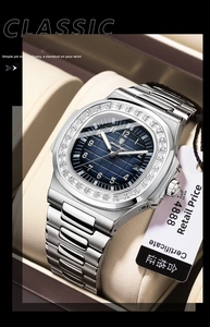 Macro view of luxury men's steel watch with crystal-set bezel and blue grid dial