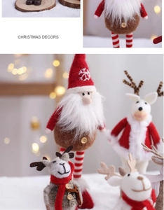 Detailed view of plush Christmas gnomes and reindeer ornaments with fuzzy textures