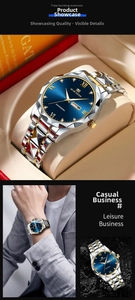 Detail showing blue sunray dial with Roman numerals and day-date display on steel watch
