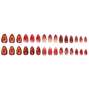 Almond-shaped press-on nails in deep red with gold foil accents and star patterns