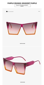 Detail view of purple-orange gradient geometric sunglasses with triangle metal rivets