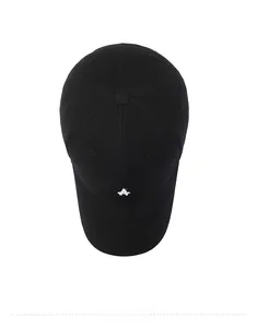 Detailed top view of a black cotton baseball cap with white embroidered A logo