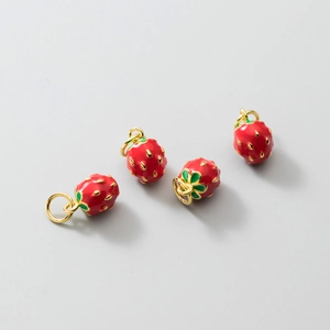 Handmade S925 silver plated gold strawberry charms with red enamel for DIY jewelry making