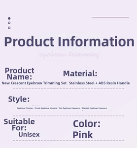Pink eyebrow grooming set detail showing stainless steel scissors and tweezers set specifications