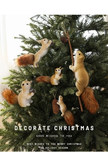 Set of 5 miniature foam squirrel ornaments hanging on Christmas tree branches