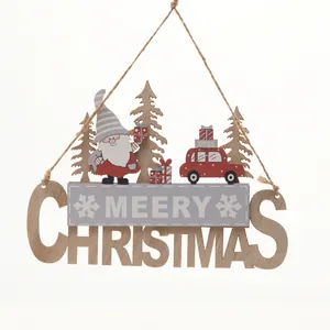 Wooden Merry Christmas sign featuring Santa, vintage red car and tree for holiday decor