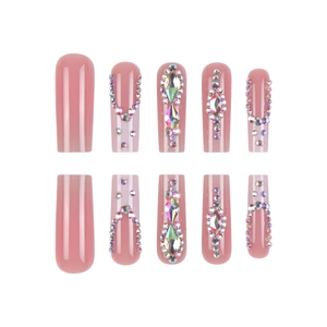 French dusty pink coffin press-on nails with luxury crystal and diamond rhinestones