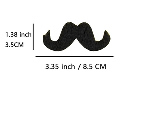 Detailed size chart showing dimensions of 3.35x1.38 inches for the black fake mustache