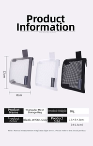Detailed view of 12x8x3cm triangular mesh storage bags in black, white and grey colors