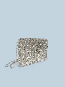 Silver handmade woven beaded square bag with a delicate metal chain strap for evening events