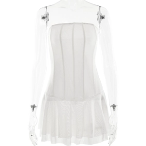 Detail of white off-shoulder mini dress featuring vertical pleats and pleated skirt