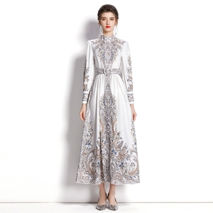 Elegant white paisley print long dress with stand collar and puff sleeves for summer