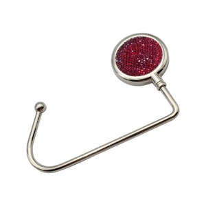 Sparkly red rhinestone bag hook for desk with rubber base and durable metal hanger